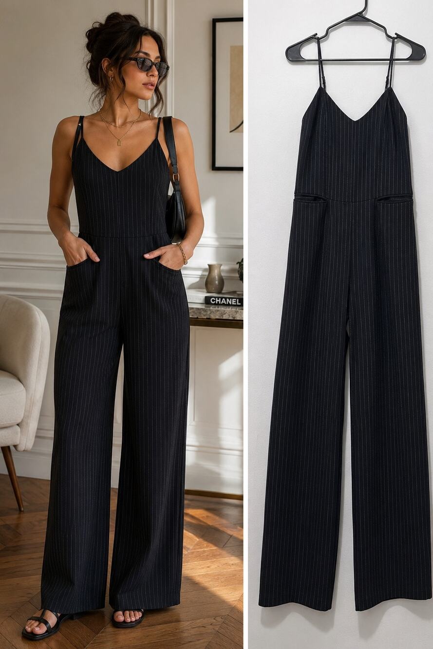 Anthropologie The Essential Pinstripe Straight Leg Jumpsuit 0 Navy Pockets Chic